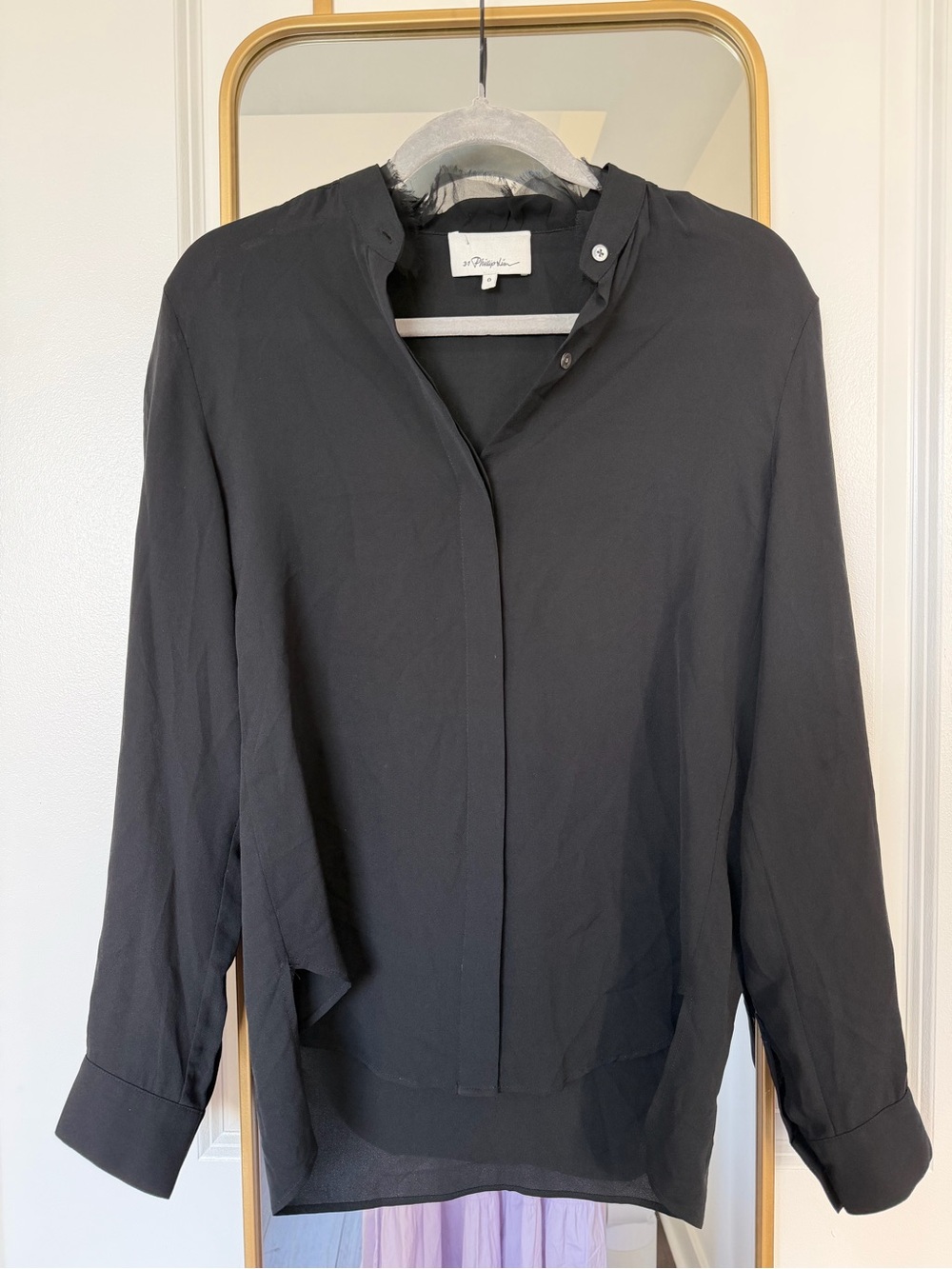 3.1 Phillip Lim Oversized Black Button-Front Mandarin-Collar Shirt